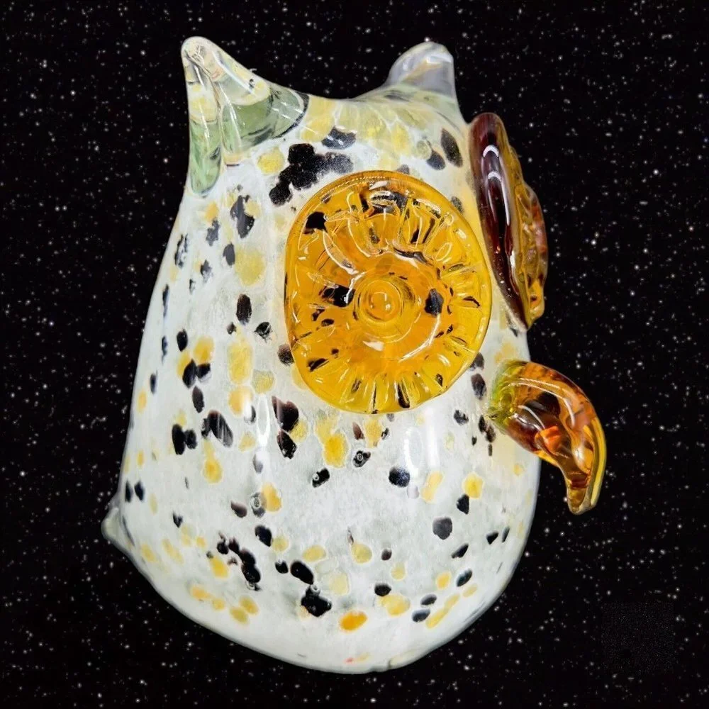 Hollow Owl Bird Art Glass Paperweight Figurine White With‎ Dots Amber Eyes Glass